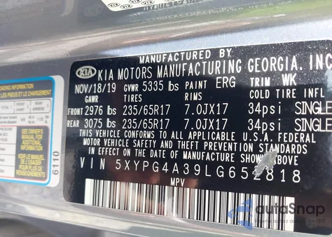 2020 Kia Sorento 2.4L Lx z USA, uszkodzony, nr VIN 5XYPG4A39LG652818